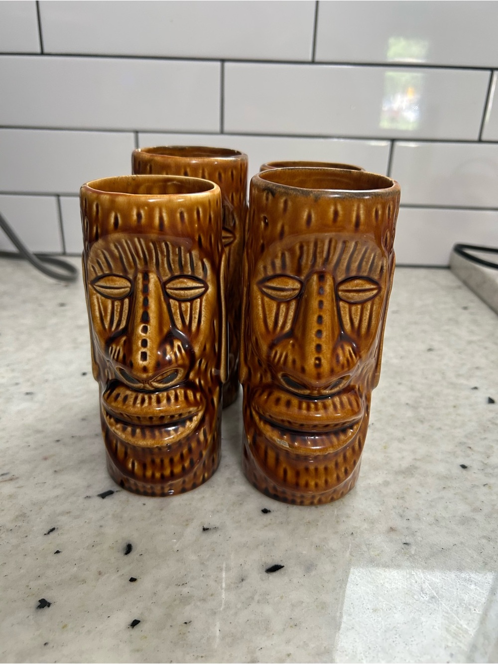 Vintage 1960s Tiki Face Ceramic Glasses- Brown Set of 4